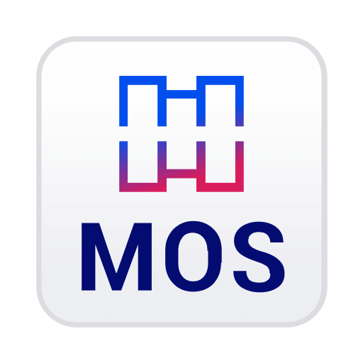MOS app icon: blue/purple geometric symbol above the bold 'MOS' text on a rounded white square background.