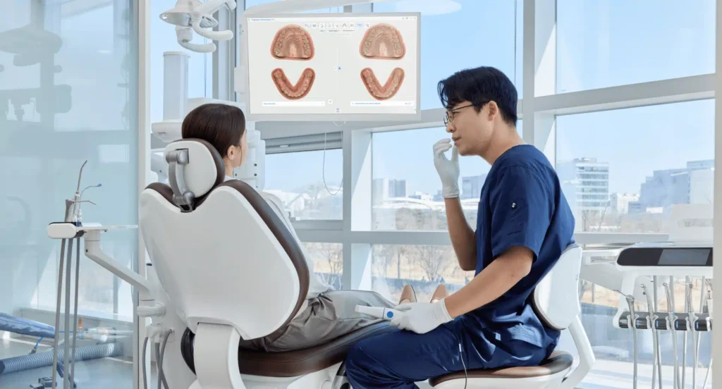 Dentist in blue scrubs explaining dental models to a patient seated in a modern dental chair, monitor shows upper and lower jaw images.