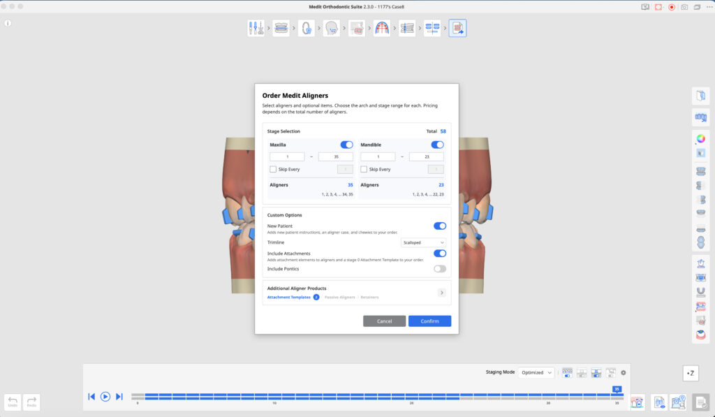 Modal window titled 'Order Medit Aligners' with stage ranges for Maxilla and Mandible, toggles, and total counts in a two-column layout; includes 'Custom Options' and action buttons (Cancel, Confirm).