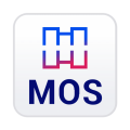 MOS app icon: blue/purple geometric symbol above the bold 'MOS' text on a rounded white square background.